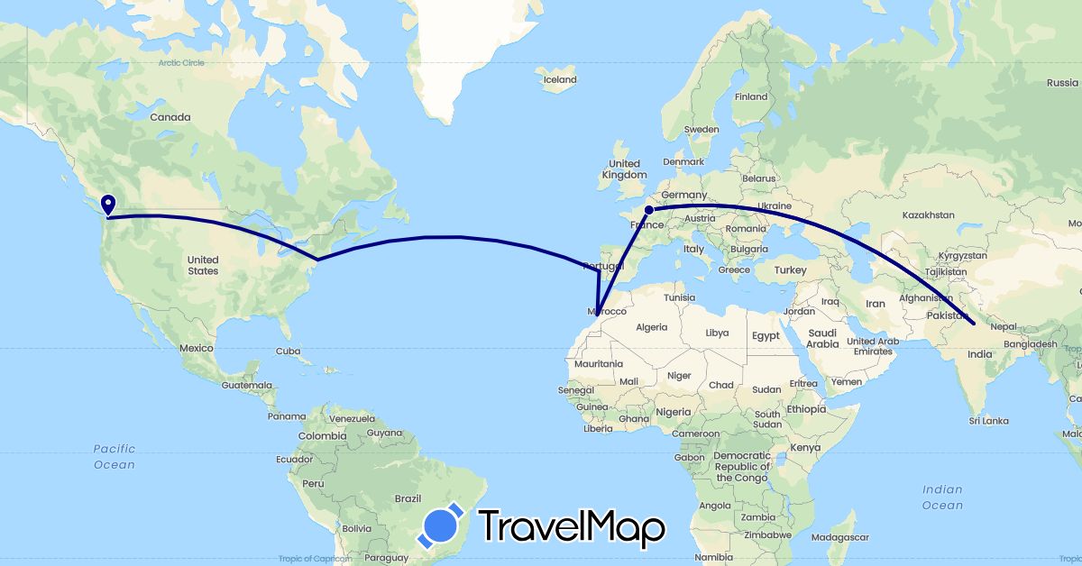 TravelMap itinerary: driving in France, India, Morocco, Portugal, United States (Africa, Asia, Europe, North America)